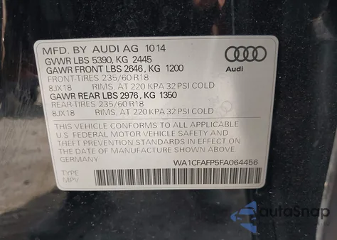 2015 Audi Q5 2.0T Premium z USA, uszkodzony, nr VIN WA1CFAFP5FA064456